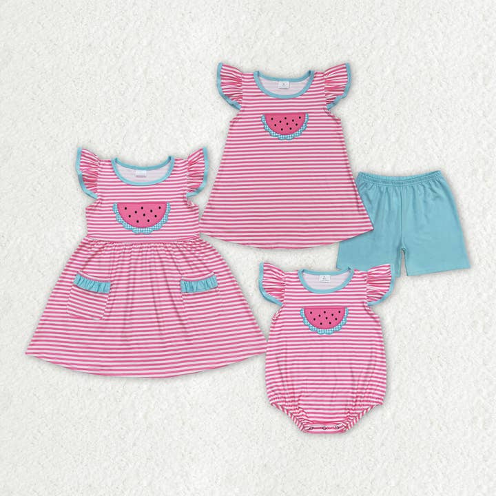 Baby Girls Pink Stripes Watermelon Summer Sibling Sister Clothes Sets for wholesale by Aier Wholesale