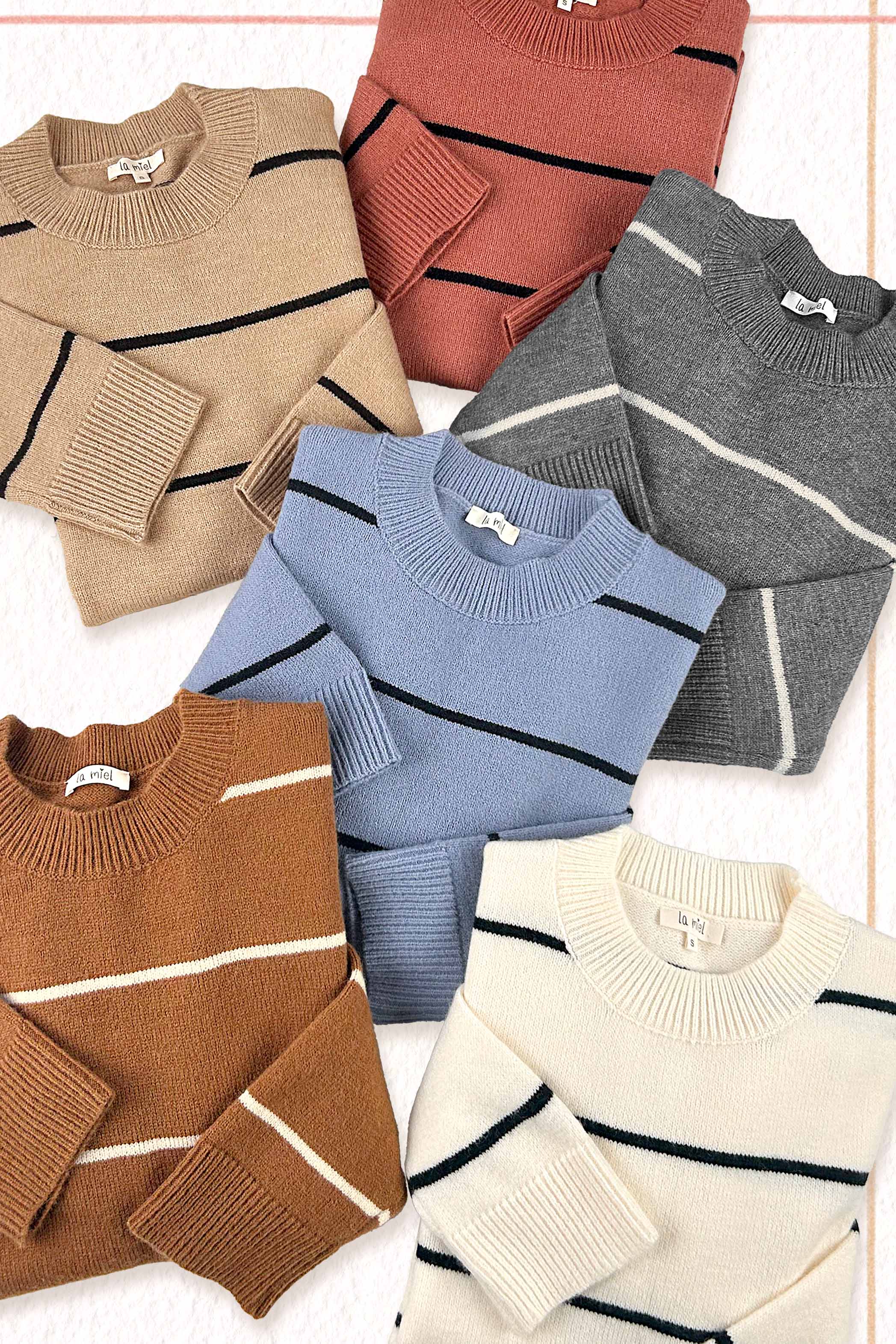 La Miel - Wholesale Knit Sweater - Women's - HCS3553-Loose Fit Stripe Long Sleeve Crewneck Sweater29