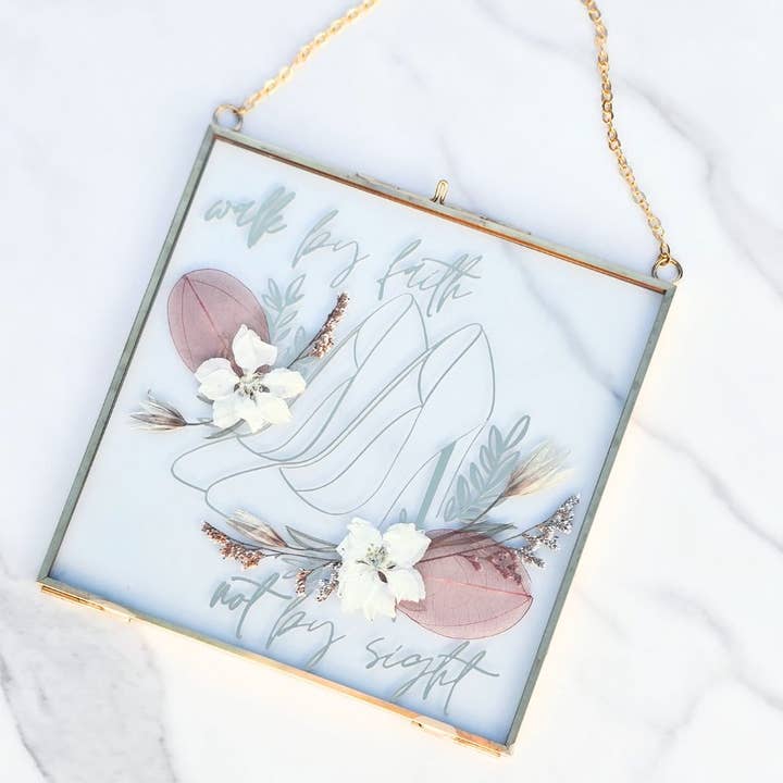 Walk By Faith Pressed Flower Scripture Art for wholesale by Sable + Ivy