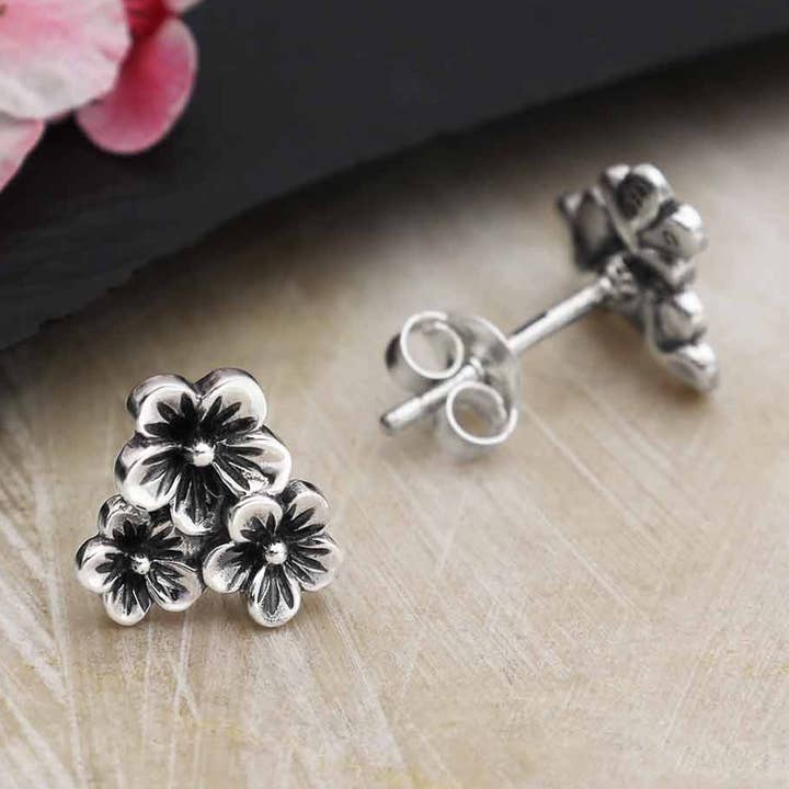 Sterling Silver Triple Cherry Blossom Post Earrings 10x9mm for wholesale by Nina Designs