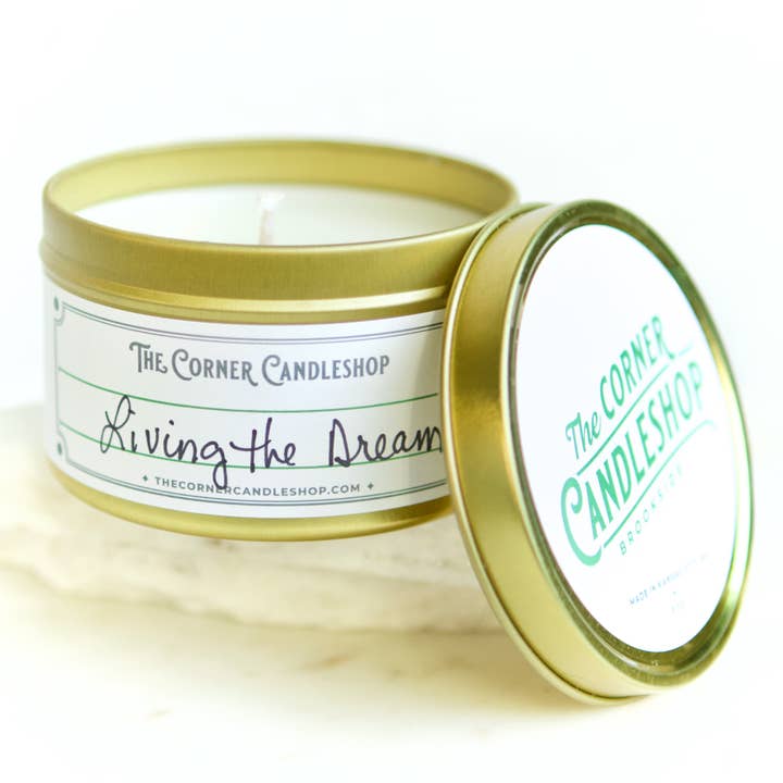 Living the Dream 8 oz. Tin Candle for wholesale by The Corner Candleshop
