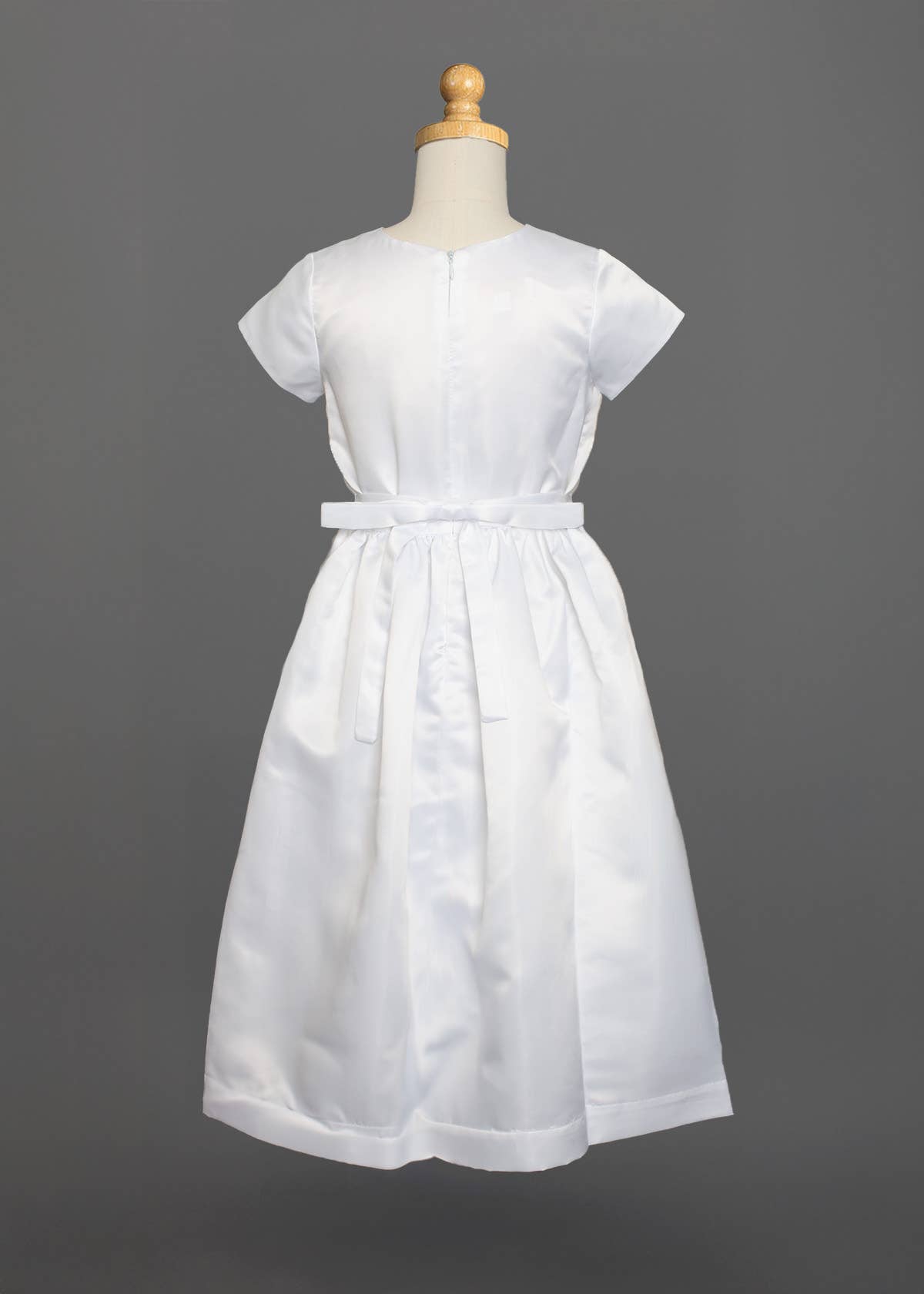 White Taffeta Pleated Communion Dress with Beaded Cross Detail for wholesale on Faire3