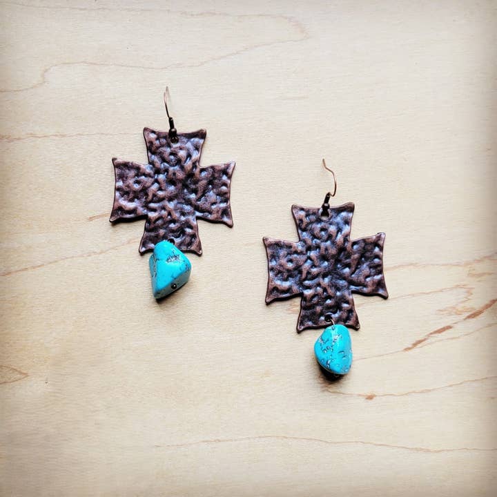**Copper Cross Earrings w/ Blue Turquoise Chunks 220o for wholesale by The Jewelry Junkie