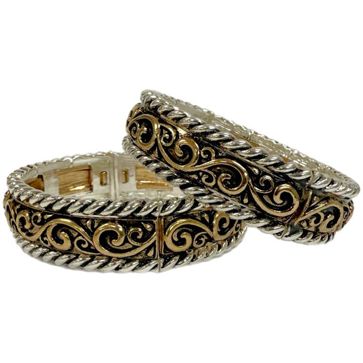 Pulsera Elástica de Dos Tonos con Remolino Floral y Borde de Cuerda para venta al por mayor de Accessories To Go