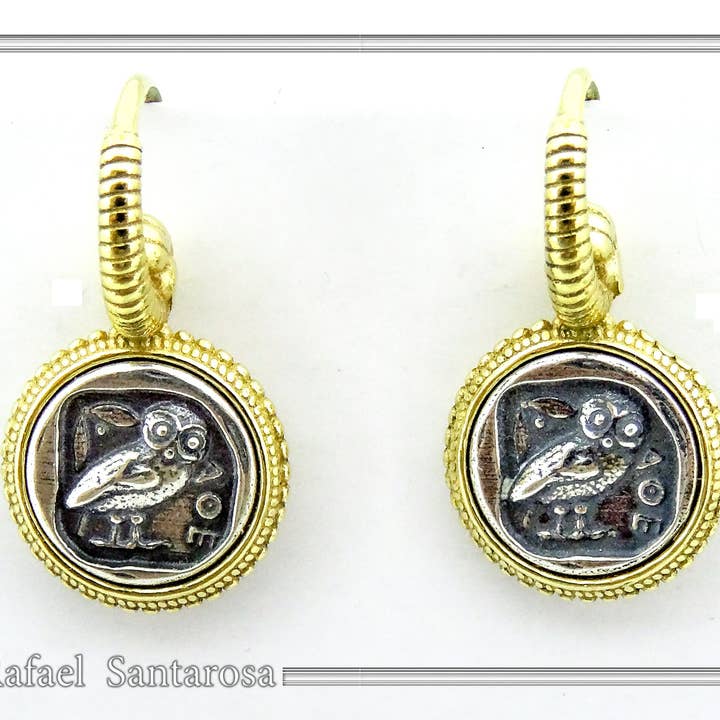 RAFAEL SANTAROSA – wholesale Hängande örhängen – Uggla mynt Tetradrachmon örhängen på sterling silver