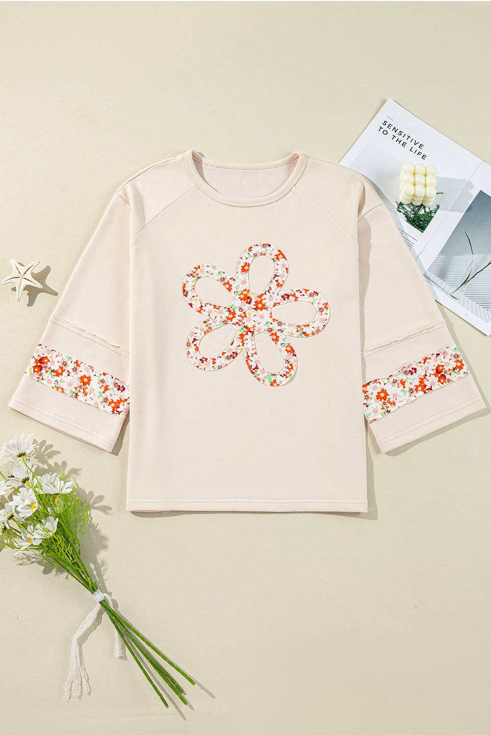 Beige Plus Size Flower Patched Side Slits Crewneck Top (S-4X) for wholesale on Faire4