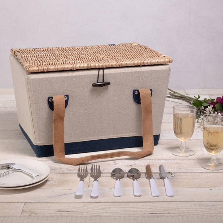 Beige Canvas with Navy Blue Accents Boardwalk Picnic Basket for 2 for wholesale on Faire16