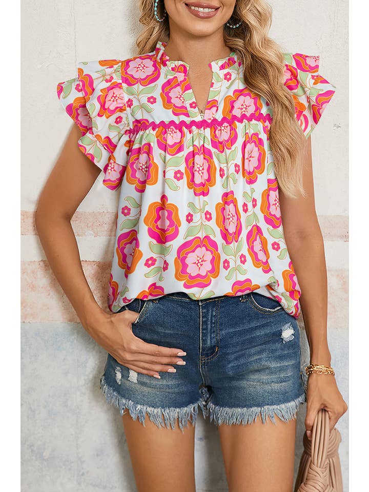 Rose Floral Ricrac Ruffle Sleeve Spring Blouse for wholesale on Faire