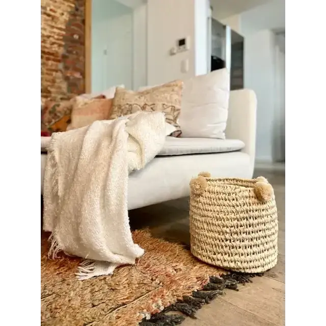 High crafty – wholesale Basket – 🧺 Handwoven Palm Leaf Basket with Colorful Wool Pom Poms3