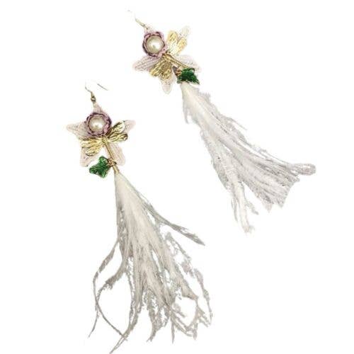 Light Pink Faux Feathers, Lace And Pearl Flower Drop Earrings for wholesale by Fleur de lys collections