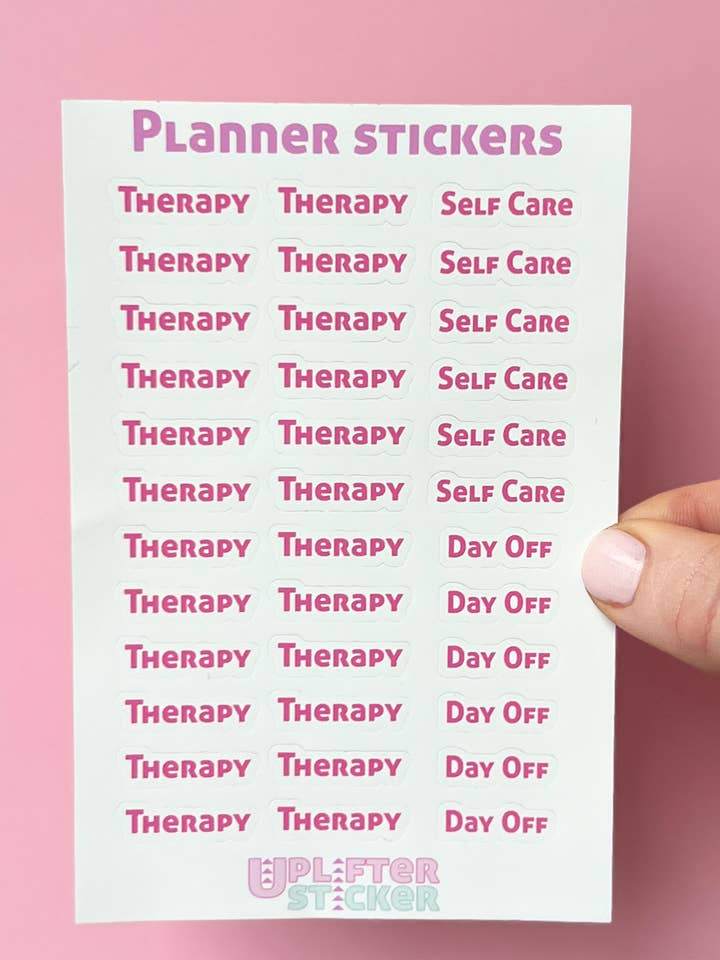 Therapy, Self Care, and day off planner stickers for wholesale by Uplifter Sticker