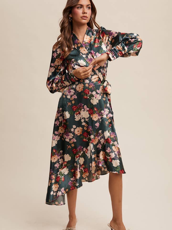 Satin Floral Wrap Midi Dress LD1312 for wholesale by Listicle