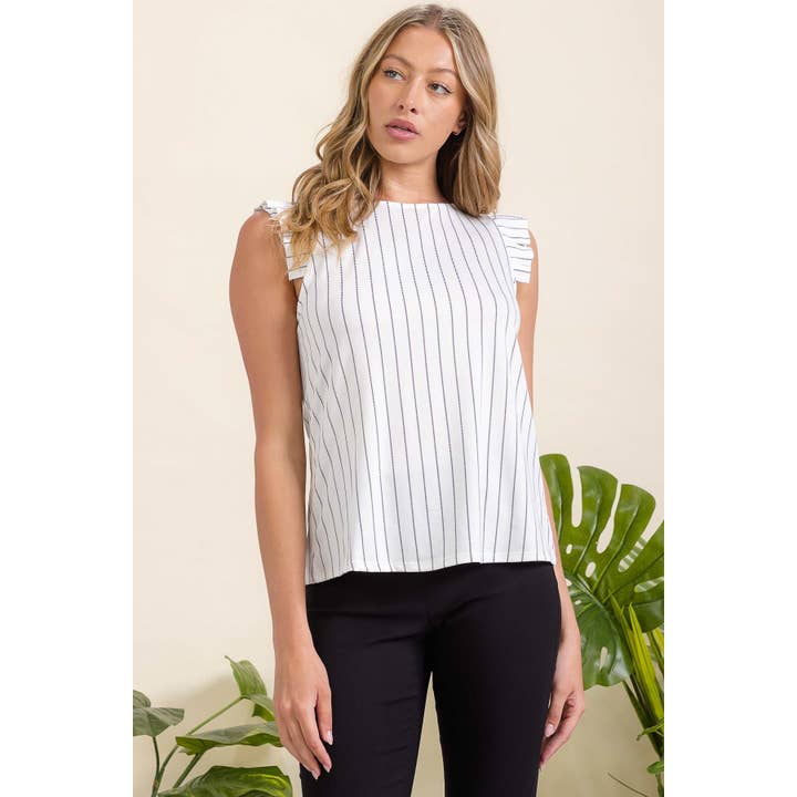 Randig linne med volangärmar och rund hals. för wholesale av Perseption