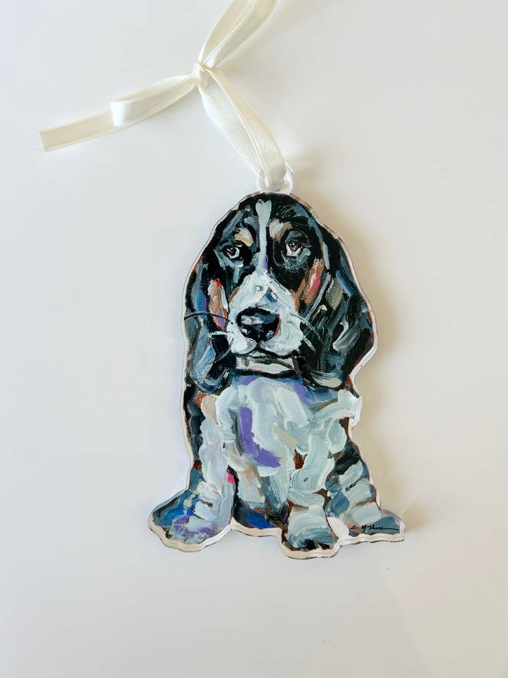 "Basset Hound Black & White" ornament WHOLESALE for wholesale by Chelsea McShane Art