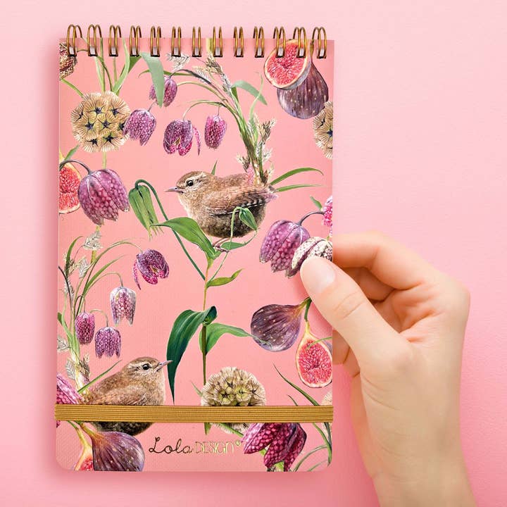 Wren pattern top spiral notepad with elastic closure for wholesale by Lola Design Ltd