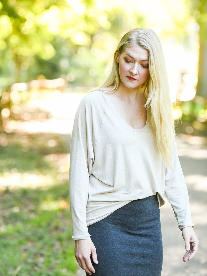 Knieriem Designs - Wholesale Knit Top - Women's - Cream Raglan Sleeve U-Neck Top in Super Soft Knit