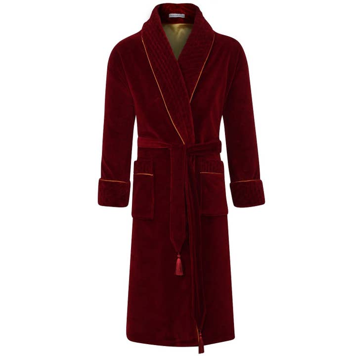 Donington Luxury Cotton Long Velvet Smoking Jacket-Burgundy for wholesale by Bown Of London