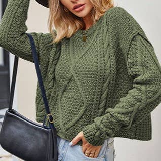 HIDDENBRAND - Wholesale Knit Sweater - Women's - Twisted Button-Knit Loose Crewneck Pullover Sweater