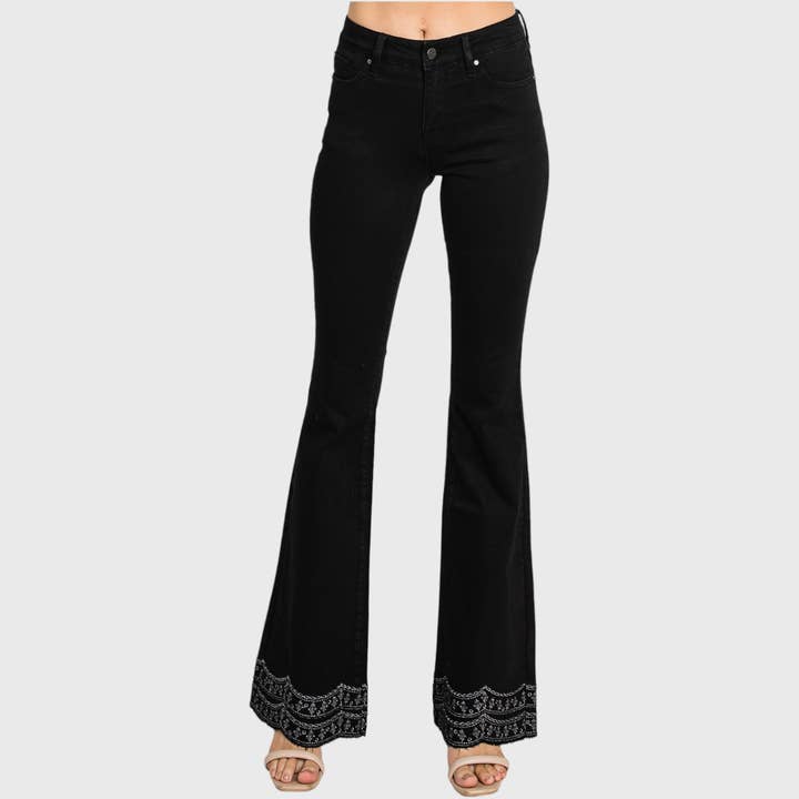Petra153 - Wholesale Jeans - Women's - P716MF-BLK MID RISE STRETCH FLARE W/ EMBROIDERY RAW EDGE HEM7