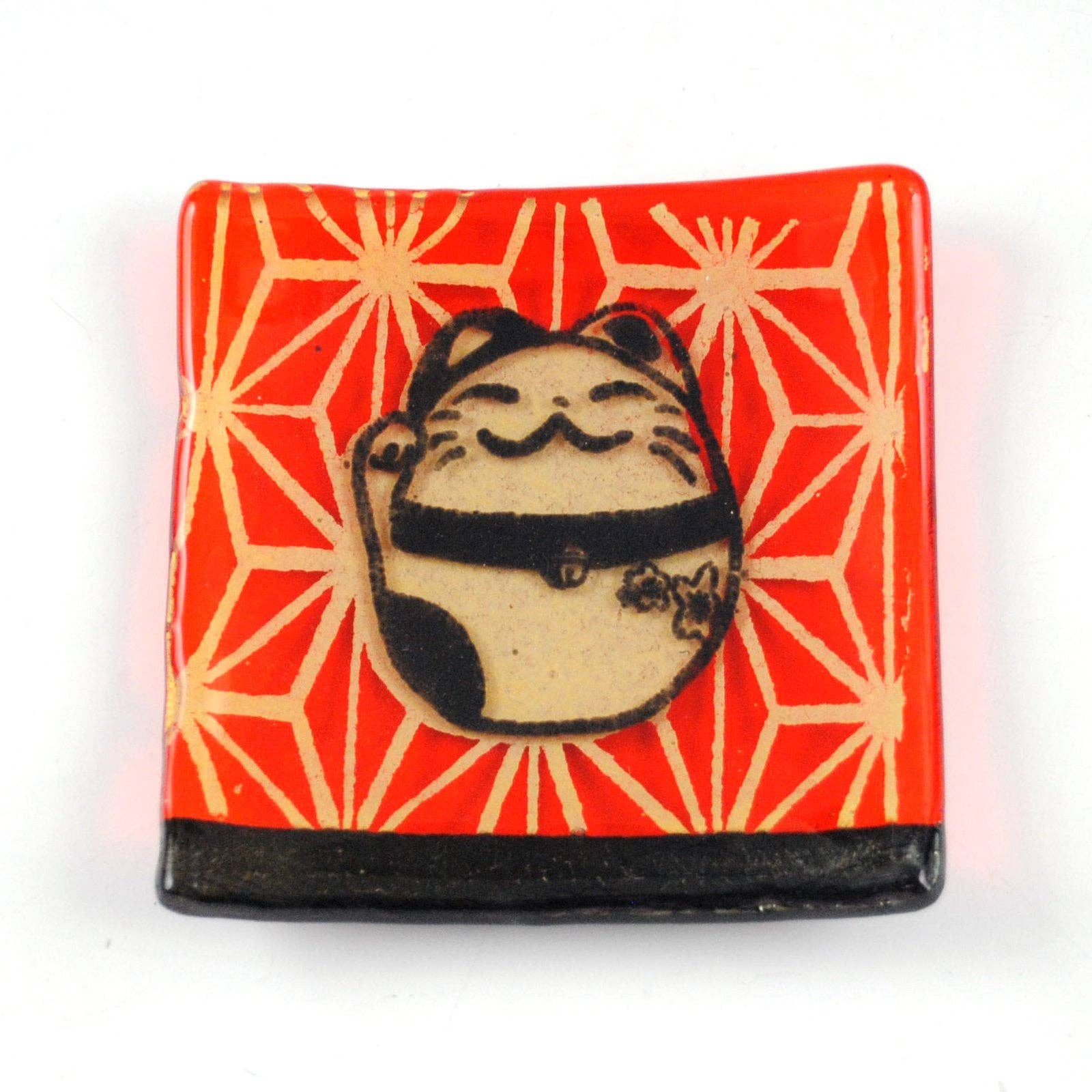 Kiku Handmade | Contemporary Fused Glass Home Goods - Wholesale Decorative Plate/Dish/Bowl - Maneki Neko "Lucky Cat" Fused Glass 4.5" Catch-all Dish0
