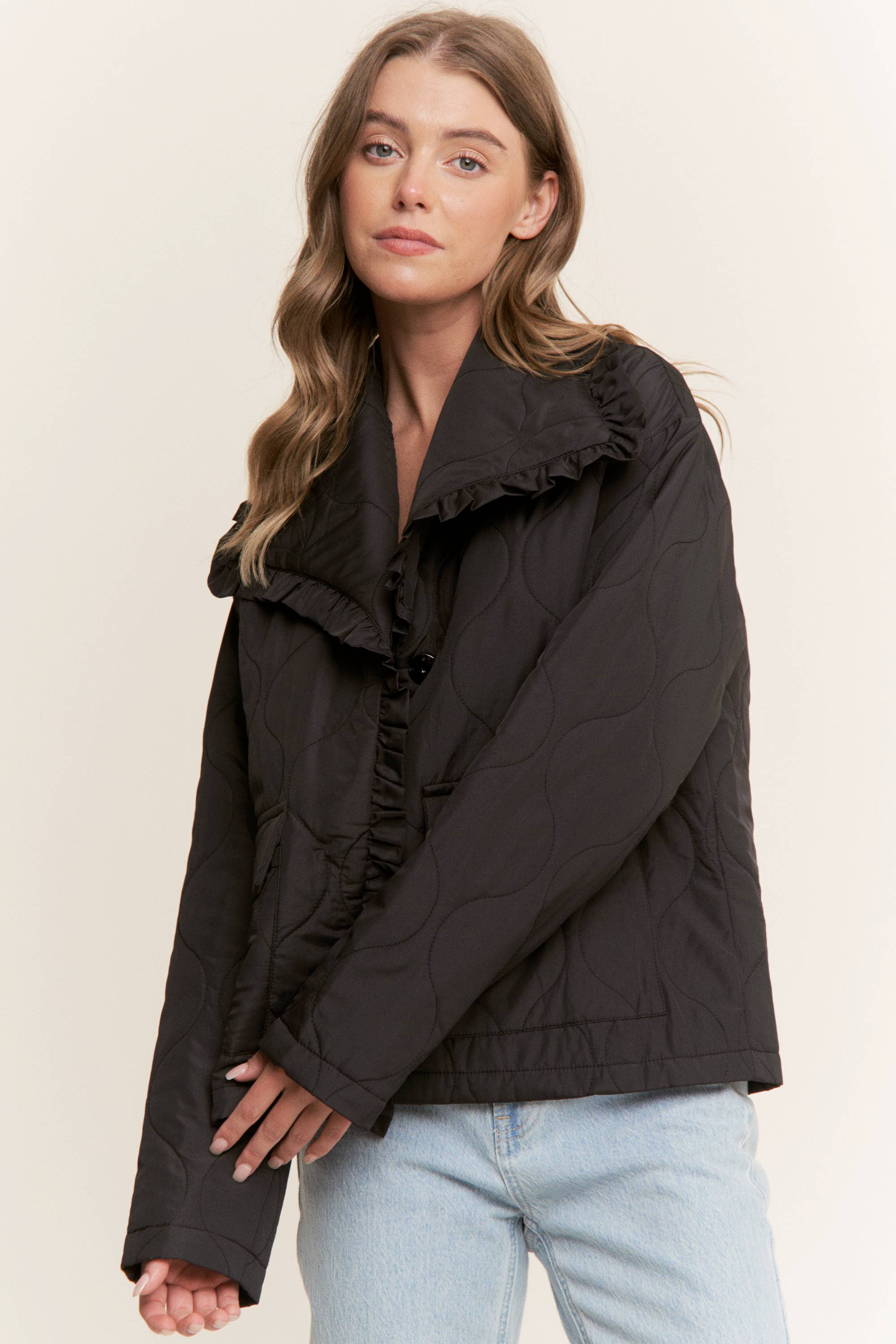 Sweet Generis - Wholesale Jacket - Women's - RUFFLE EDGE DETAIL QUILTED LOOSE FIT JACKET14