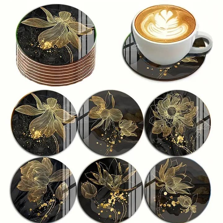 Huis Van Merken - Wholesale Coasters - 6pcs Set of Charming Gilded for Lotus Style Wooden Coasters3