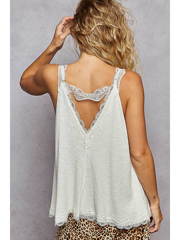 Pol Clothing - Wholesale Tank Top - Women's - V-neck Sleevleess Lace Trim Solid Tank Top SALE36