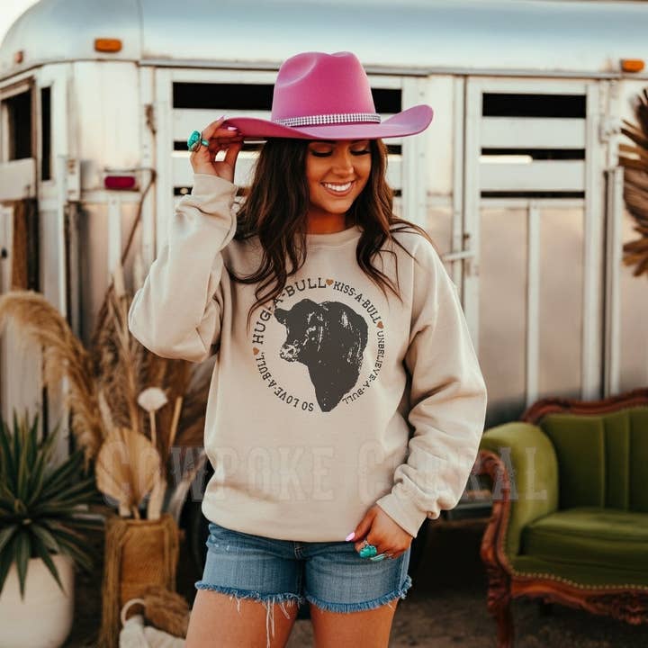 HUG-A-BULL, LOVE-A-BULL CREWNECK SWEATSHIRT for wholesale by Cowpoke Corral