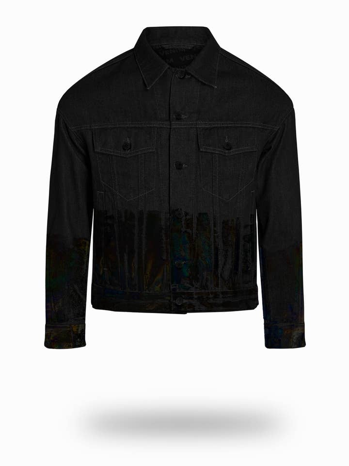 Shorter Classic Black Denim Jacket with Midnight Oil Foil for wholesale by VENIM