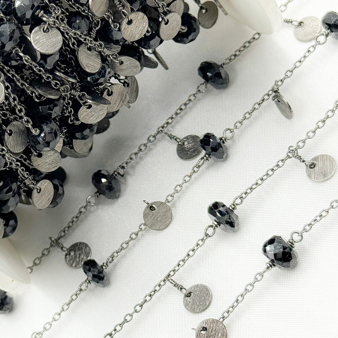 Jewels & Chains - Wholesale Link & Chain Necklace - Black Spinel and Dangle Disc Oxidized Wire Chain. BSP353