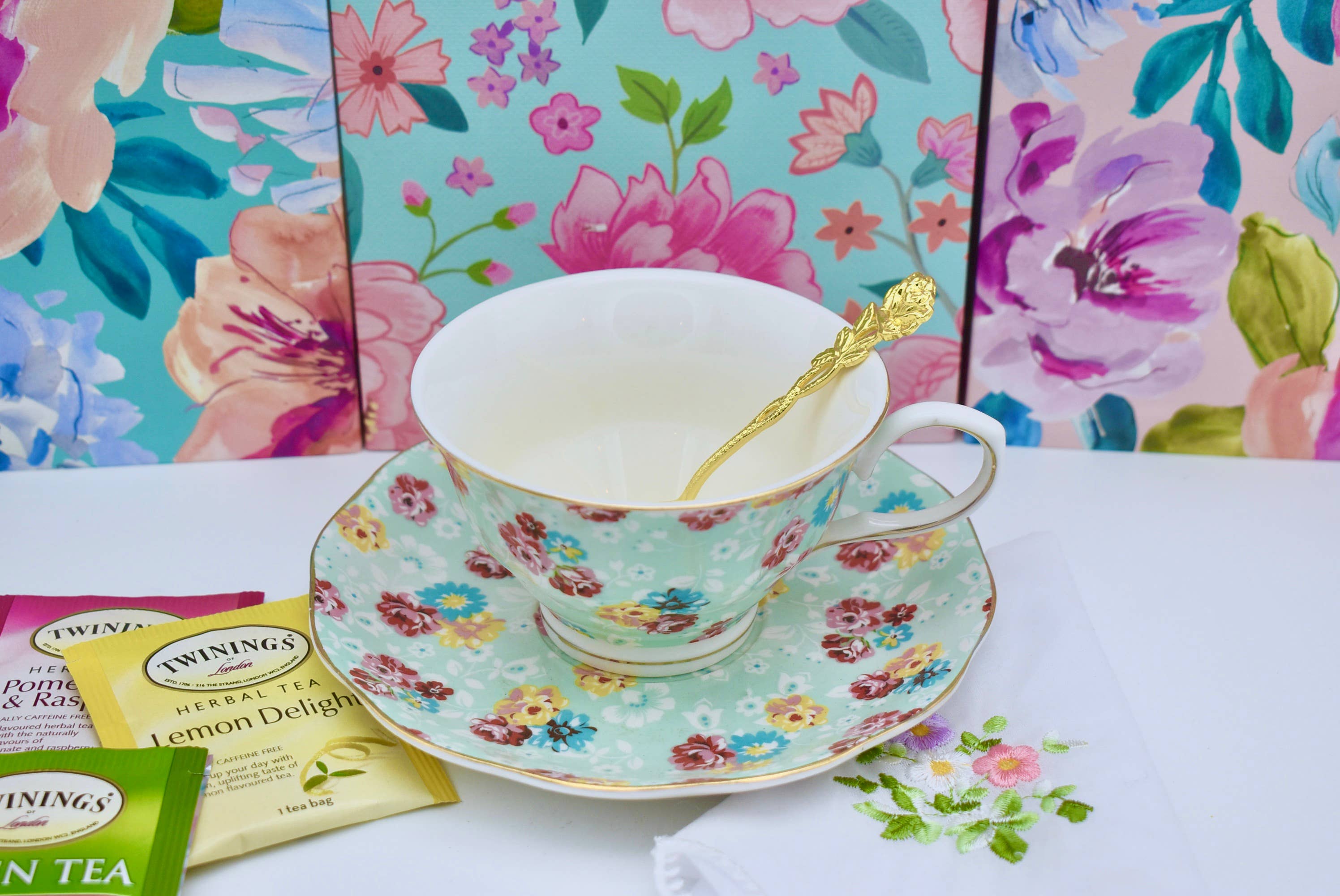 All Little Cute Things - Wholesale Tea Set - Country Rose. Aqua Green Chintz Floral Teacup and Saucer0