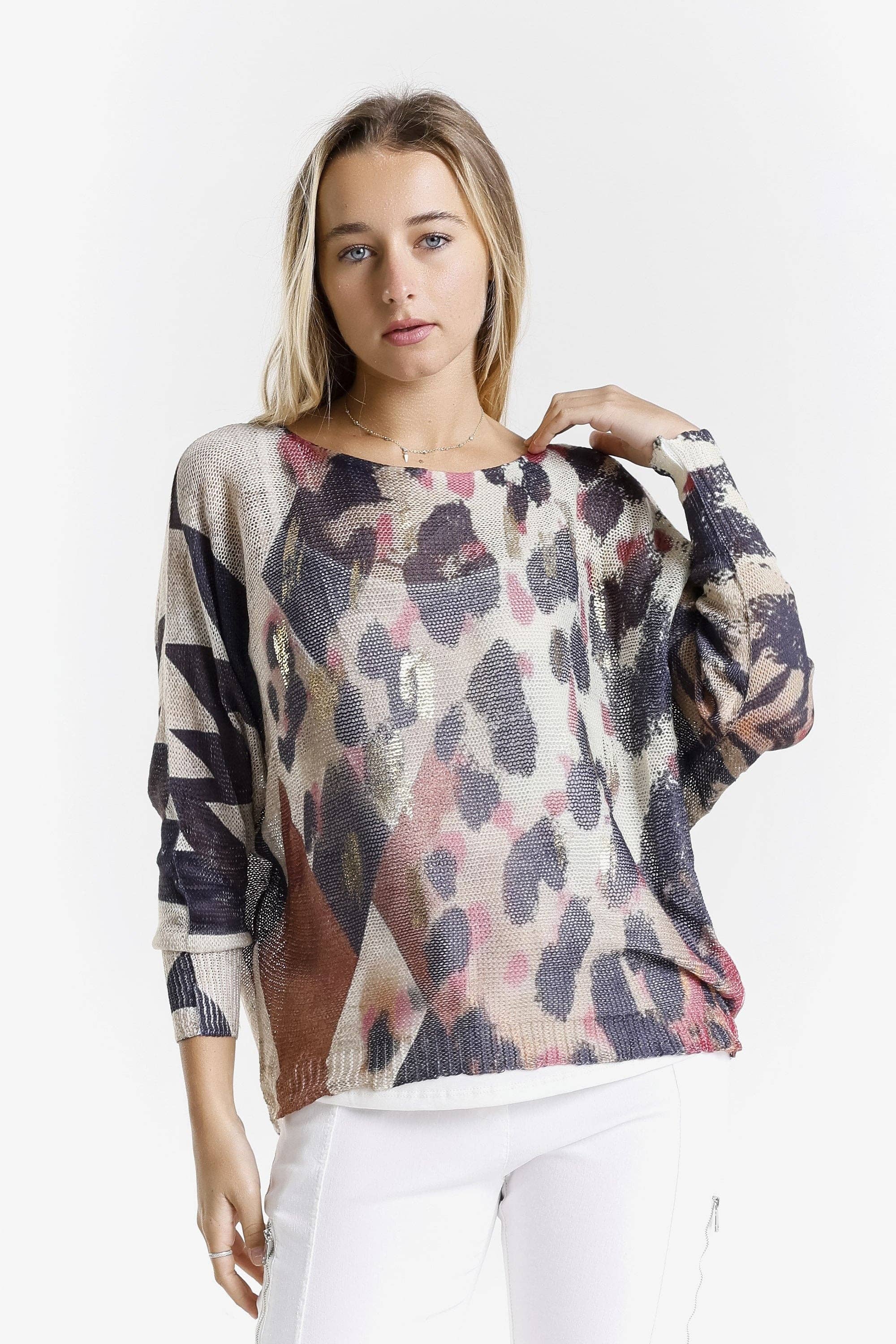 G Pink w Gold Splash Leopard Danielle Batwing Open Knit Sweater (BLS424PL) for wholesale on Faire