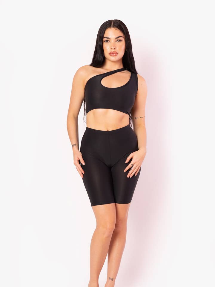 Black Asymmetrical Cut Out Crop & Biker Short Two Piece Set for wholesale by Playsuit Apparel