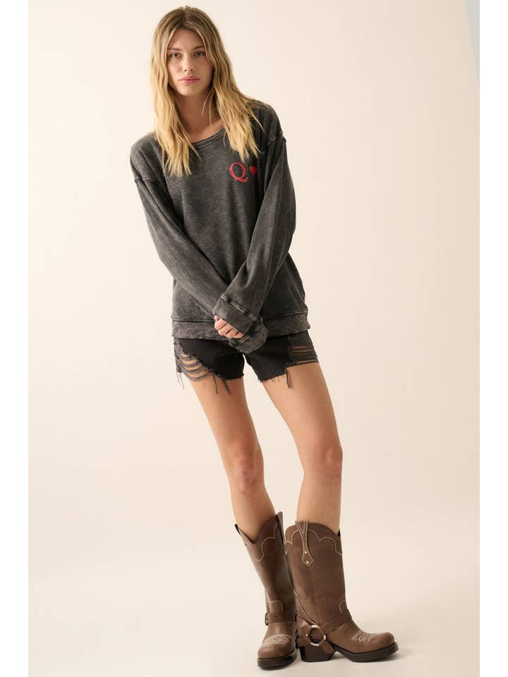 Charcoal Queen of Hearts Vintage Wash Graphic Sweatshirt for wholesale on Faire
