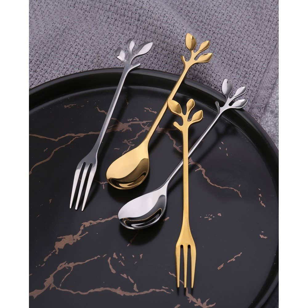 AULICA – Engroshandel Bordske (bestik) – Dessertskeer med bladmotiver i guld - sæt med 6 stk.2