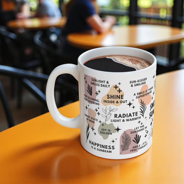 EMESLY - Wholesale Coffee Mug - Smiles & Sunshine Motivational Ceramic Coffee Mug; 11oz/15oz2