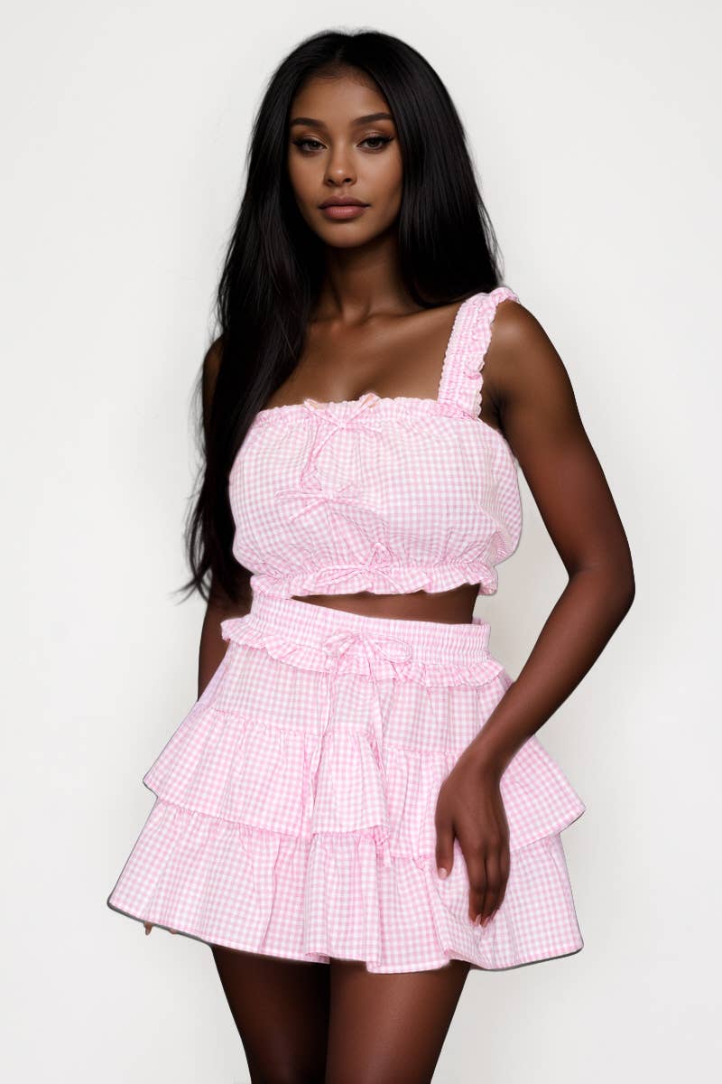 5besties inc - Wholesale Top & Skirt Set - Women's - GINGHAM PLAID SLEEVELESS CROP TOP AND SKIRT SET2