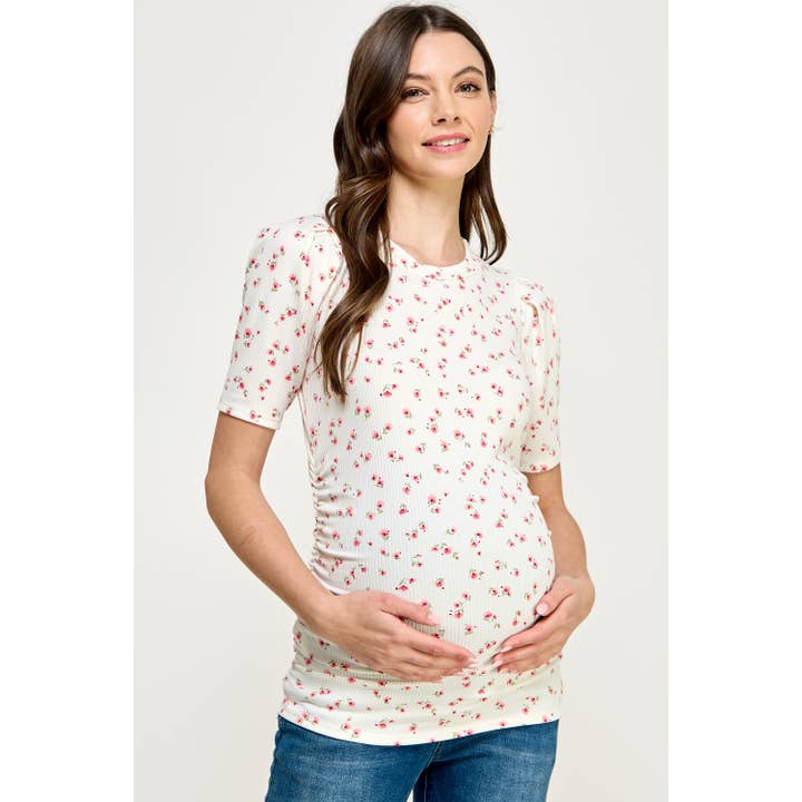 Floral Ruched Maternity Ribbed Top for wholesale by Hello Miz