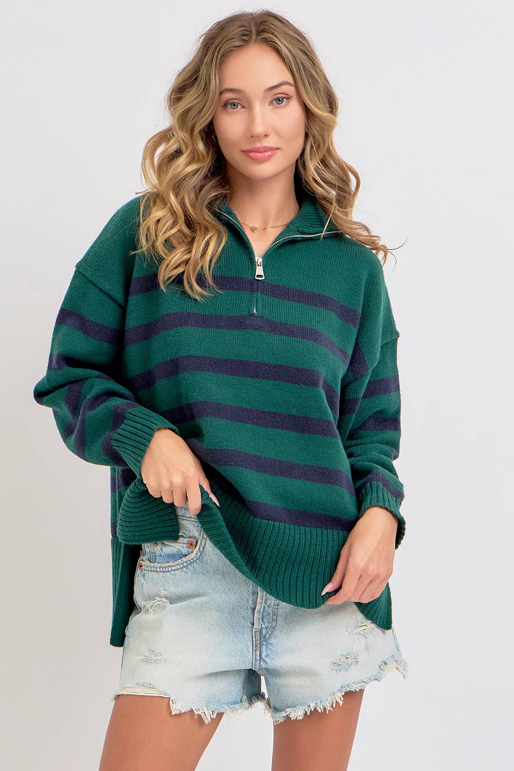 Sweet Lovely by Jen - Wholesale Knit Sweater - Women's - STRIPED ZIP-FRONT OVERSIZED PULLOVER KNIT SWEATER  4