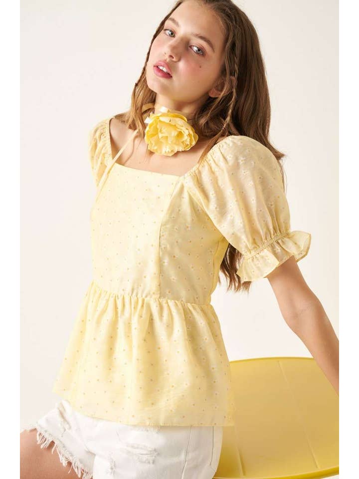 mittoshop – wholesale Blouse – Women’s – DAISY FLOWER PRINT PUFF SLEEVE PEPLUM BLOUSE