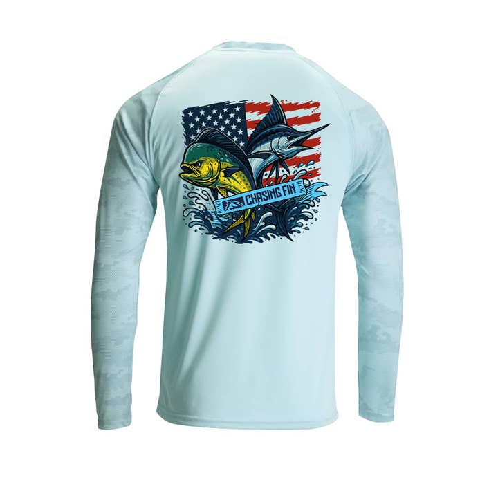 Pro Fin Camo Mahi Marlin American Fish Flag Performance Long Sleeve Shirt in Aqua for wholesale by Chasing Fin