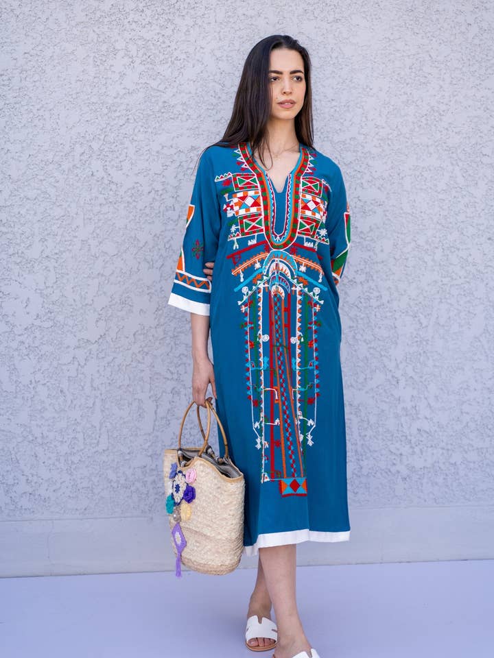 Siwa baby blue Tunic embroidered kaftan, Bohemian embroidery tunic dress, Egyptian cotton, Resort caftan, Summer, party, casual, home dress for wholesale by Gipci