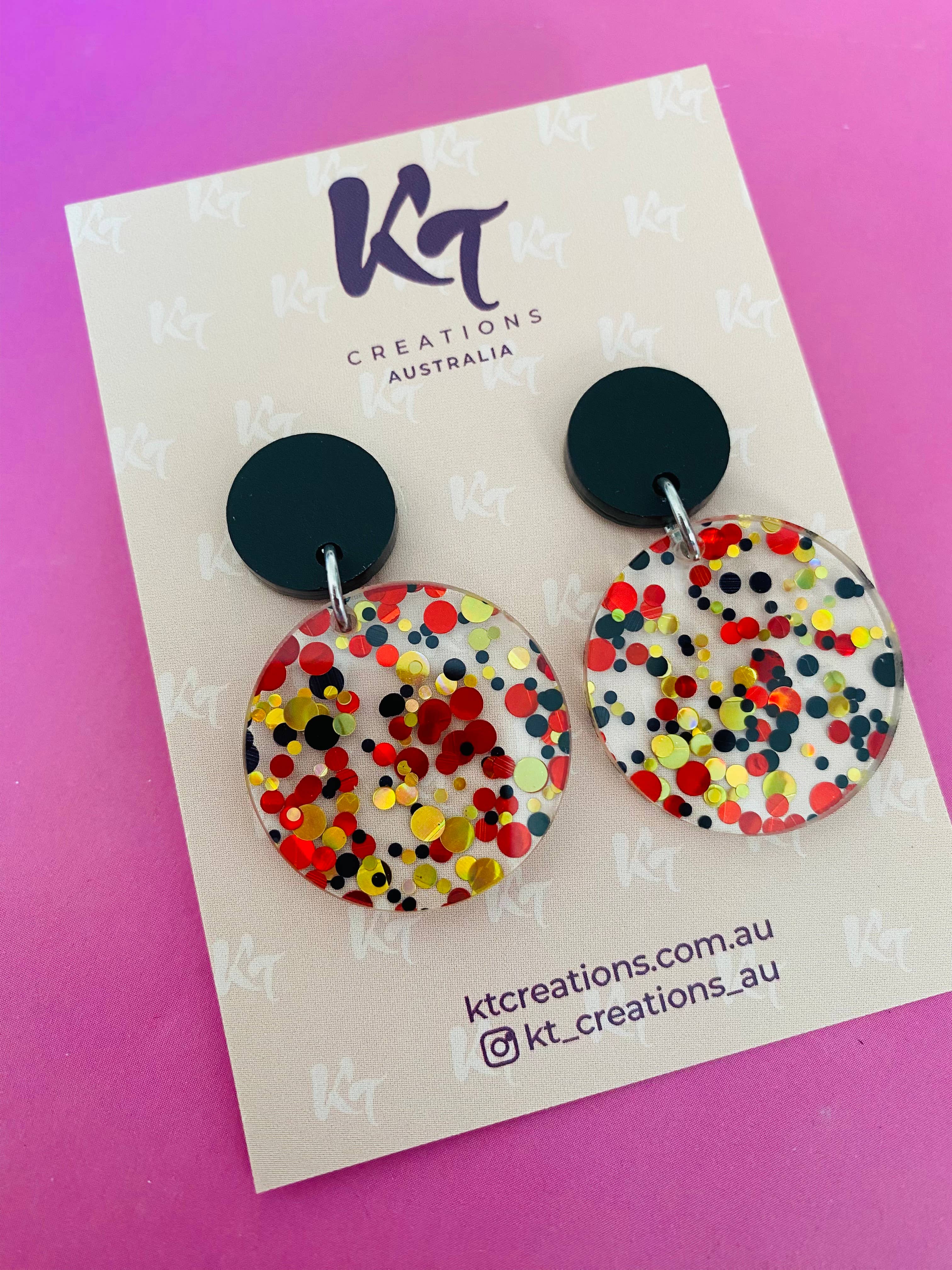 KT Creations Australia - Wholesale Dangle earrings - Polka dot dangles: black/red/gold dangle Acrylic Earrings