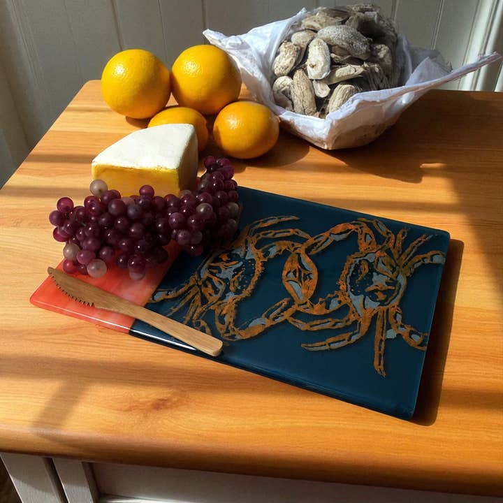 Kiku Handmade | Contemporary Fused Glass Home Goods - Wholesale Cheese Board - Maryland Crab 7x11" Fused Glass Cheese Plate1