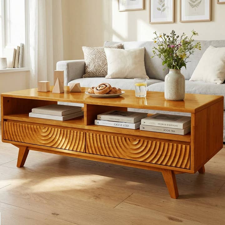 Acacia Harmony Wooden Coffee Table with Drawers & Open Storage for wholesale by Megsu
