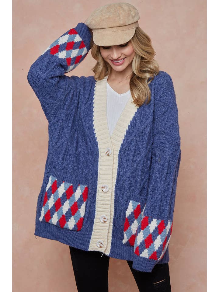 BNS - Wholesale Cardigan - Women's - Red Argyle Patterned Pocket Knit Sweater Cardigan5