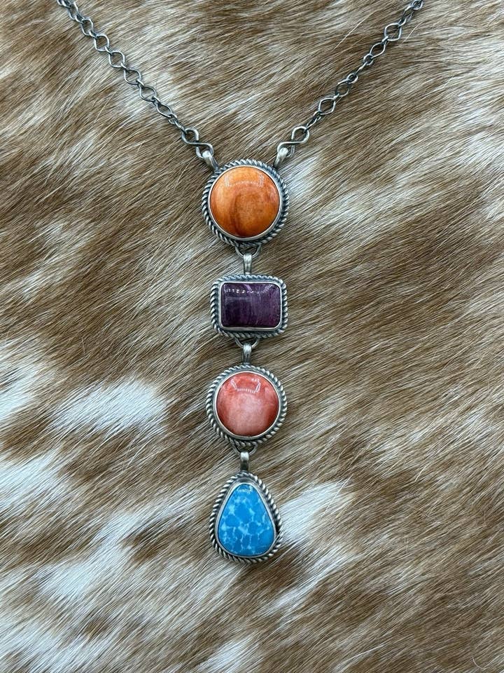 Navajo Handmade Sterling Silver Multi Color Mixed Stone Lariat Necklace 18” for wholesale by Native City Jewelry