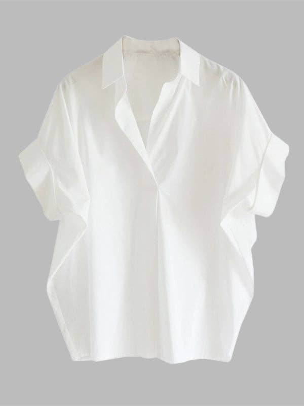 WHITE Casual Short Sleeves Loose Solid Color Lapel Collar Blouses&Shirts Tops for wholesale on Faire1