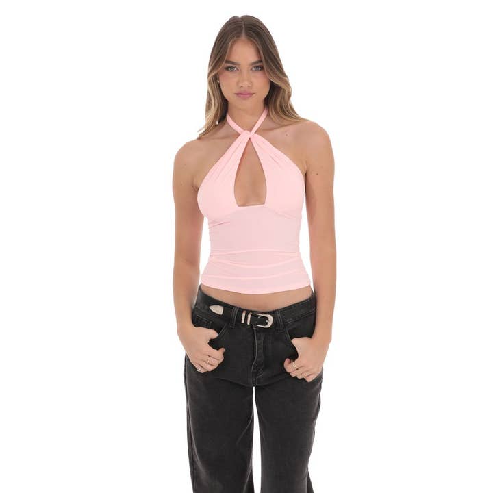 Cross Neck Halter Top in Baby Pink for wholesale by Lucy In The Sky