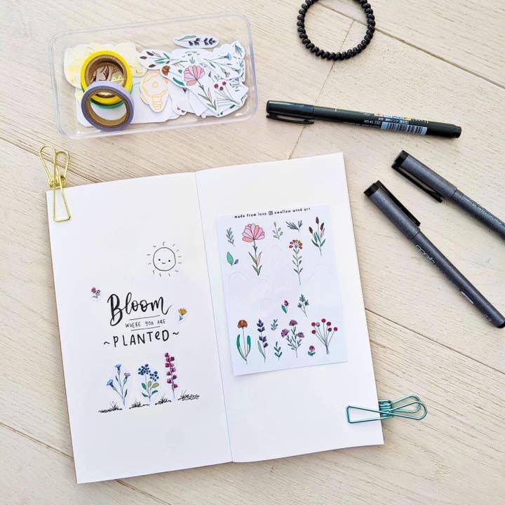 Swallow Wind Art - Wholesale Sticker - Sticker Sheet - Wildflowers & Leaves v14